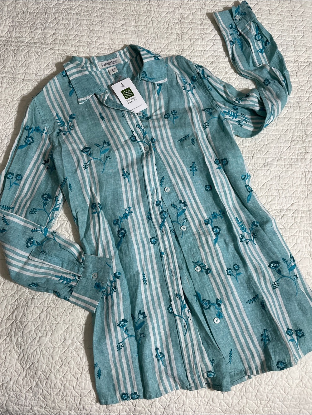 Coldwater Creek Teal Striped Floral Button-Down Shirt